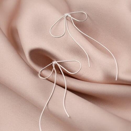 S925 Sterling Silver Color Sweet Cute Simple Bow Shape Line Dangle Earrings Jewelry For Women Daughter Lady Gift
