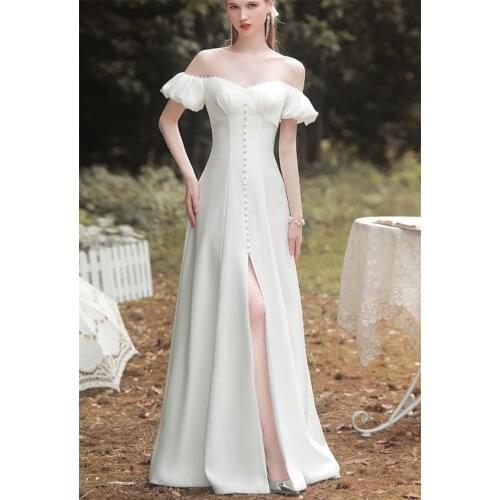 Off-Shoulder Pearl Short Sleeve Backless Lace-up Floor Length Slit Wedding Dress Bride Gown Vestidos De Novia robe mariée