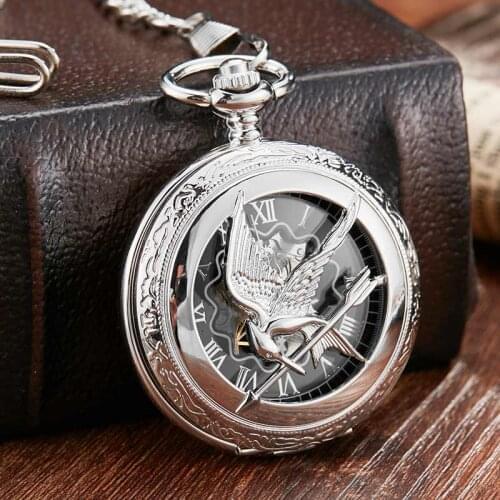 Vintage Silver Hollow Hunger Game Steampunk Mechanical Pocket Watch & FOB Chain Antique Watches Clock Hand Wind relogio de bolso