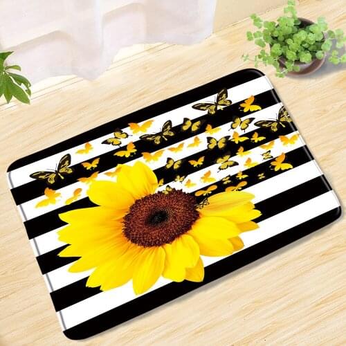 Yellow Sunflower Flower Butterfly Black And White Striped Background Bath Mats Entrance Door Mat Floor Mat Bathroom Rug Carpet