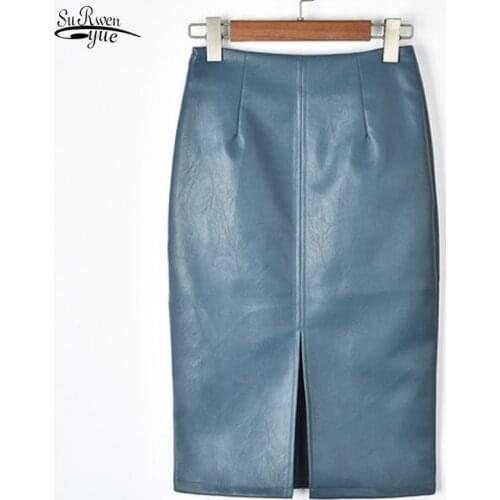 2021 Summer Korean PU Leather Skirts Women High Waist Straight Midi Skirts Midi Skirt Women Plus Size Solid Split Skirts 10091