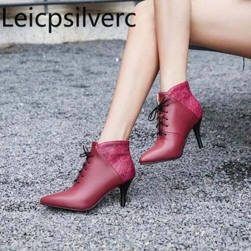 Womens Boots Autumn And Winter The New Pointed Lace Color matching Fine heel High heel Short tube Womens shoes plus size 30-46