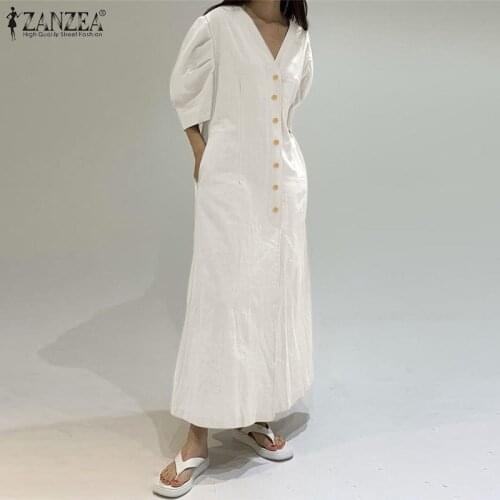 Womens Summer Sundress 2021 ZANZEA Stylish Solid Shirt Dress Casual Half Sleeve Maxi Vestidos Female V Neck Robe Femme Oversize