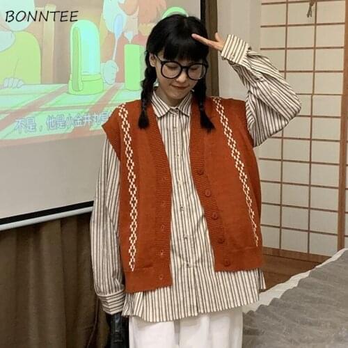 Orange Sweater Vests Women Geometric Korean Style Chic Trendy Popular Brisk Ulzzang All-match College Students Street Autumn Ins