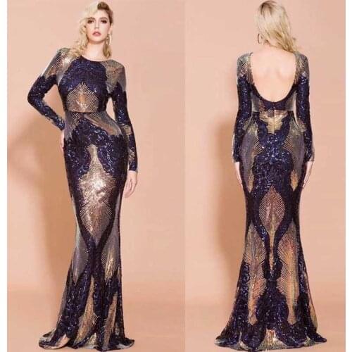 Wholesale 2020 Newest Women dress Royal blue Long sleeve Sequin Backless fashion Celebrity Boutique Cocktail party long dress