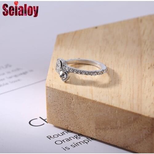 Seialoy Shiny Crystal Heart Open Rings For Women Original Fashion Stackable Silver Color Ring Fit Couple Family Party Jewelry