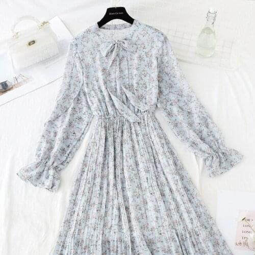 Bow Floral Dress spring 2021 New Mid-calf Dress Long Sleeved Chiffon Dresses Elastic Waist Vestidos Elegant Dresses