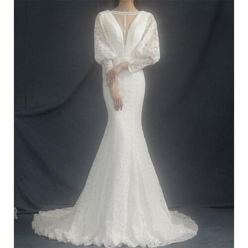 Deep V Neck French Style Sweep Train Wedding Dress Elegant Lace Sheath Backless Bridal Gowns vestidos de mairee Wedding