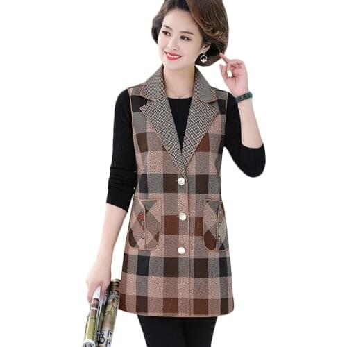 Women Sleeveless Jacket Coat Long Vest Blazer Formal Work Ladies Office Suits Waistcoat Female Plus Size Grid Woolen vests 5XL