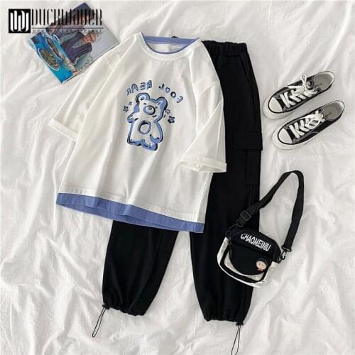 Duckwaver New Women Fresh Style 2 Piece Nine Cargo Pants Sets Straight Loose Tops 2021 Summer Fashion O-Neck Casual Suits Female