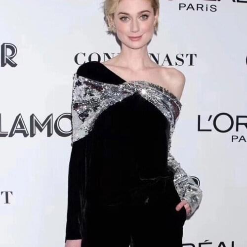 European Autumn New Temperament One-word Oblique Shoulder Velvet Stitching Irregular Sequined T-shirts Women Fashion Streetwear