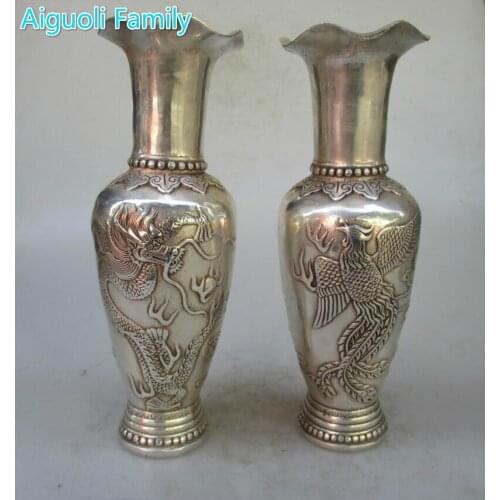 Collectible 1 Pair of Chinese Ming /Qing Dynasty Decorated Old Handwork Tibet Silver Dragon and Phoenix Vase/Antique Metal Vase