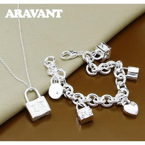 African Jewelry Set 925 Silver Lock Pendant Necklaces Bracelet For Women Bridal Jewelry