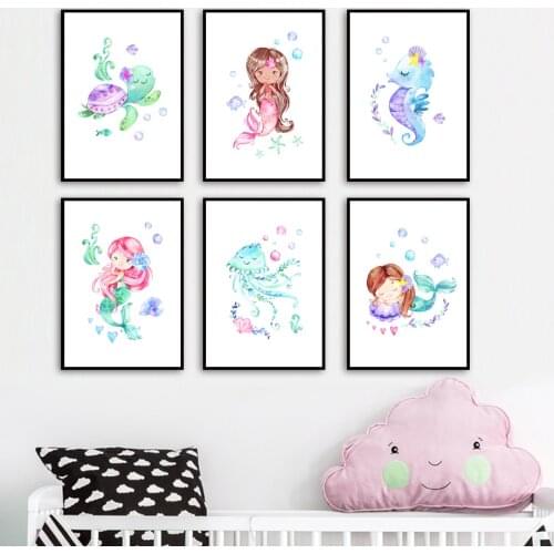 Colorful Mermaid Turtle Seahorse Fish Wall Art Canvas Painting Nordic Posters Prints Wall Pictures Baby Girl Kid Room Decoration