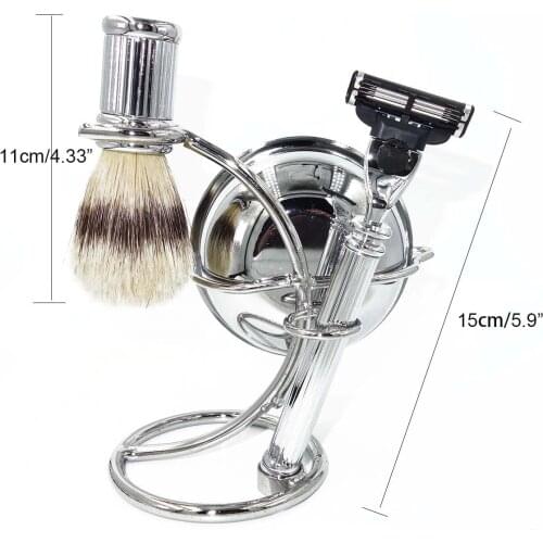 WLONG Man Shaving Beard Brush with Classic Chrome Silver Handle Holders and Lather Soap Bowl Traditional Mach 3 Razor Blade