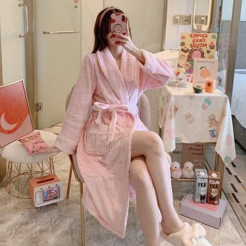 Womens Nightwear Nightdress Roupao De Banho Plus Size Pajamas Solid Color Flannel Home Clothes for Bath Robe Women Schlafanzug