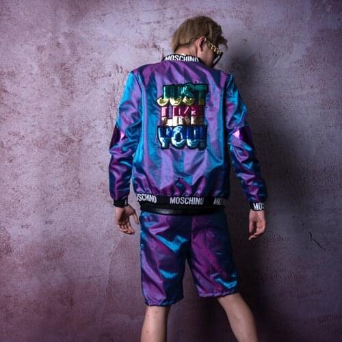 Nightclub male singer DS DJ party show catwalk GD purple flash baseball set hairdresser nightclub bar singer stage dance costume