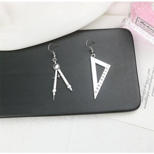 New Creative Funny Vintage Compasses Set Square Drop Earrings Antique Silver Color Earrings for Women Girl Jewelry