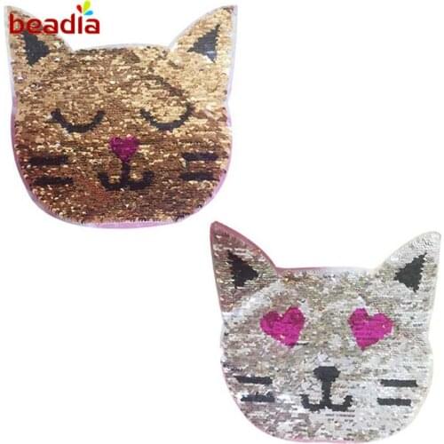 New Cute Cat Reversible Change color Sequins Sew On Patches for clothes DIY Patch Applique Bag Clothing Coat Jeans Craft