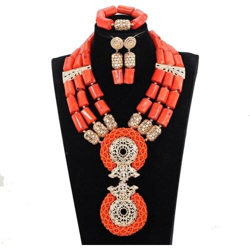 Original Coral and Gold Luxury African Real Coral Beads Wedding Jewelry Sets Women Costume Statement Pendant Necklace Set ABH680