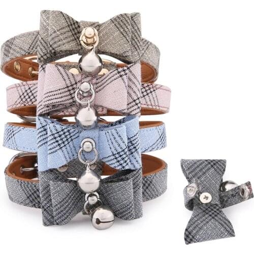 Pet Cat Collar with Bell Bowknot Plaid Adjustable Kitten Collar Puppy Chihuahua Yorshire Bulldog Collar Bow Tie Small Dog Collar