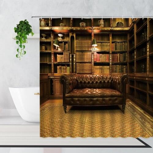 Retro Bookshelf Shower Curtain 3D Classical Library Background Home Decoration Curtains Set Waterproof Bathtub Screen With Hooks