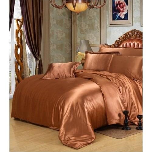 Luxury Silk bedding sets brown Satin Super King size queen quilt duvet cover set bed in a bag sheets fitted sheet Custom 6pcs
