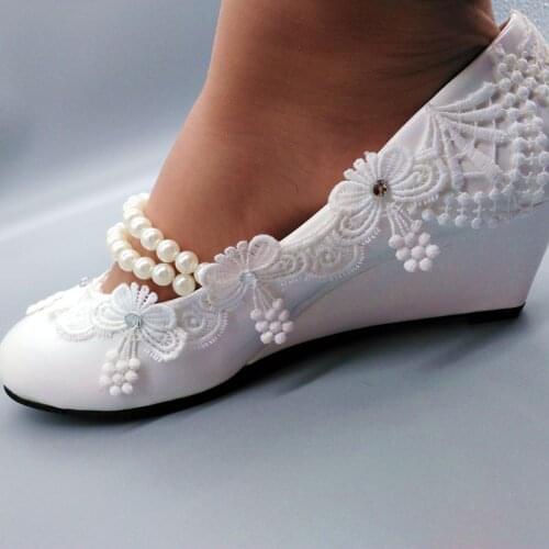 Woman wedding shoes bride white lace 5cm middle wedged heel handmade pearls beading band bridal ladies party proms shoe white