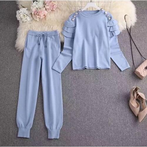 Petal sleeve knitted 2 Piece Sets Women Sweet Classic Solid Nail bead Sweaters Tracksuit Korean Chic knitted sweatpants Suits