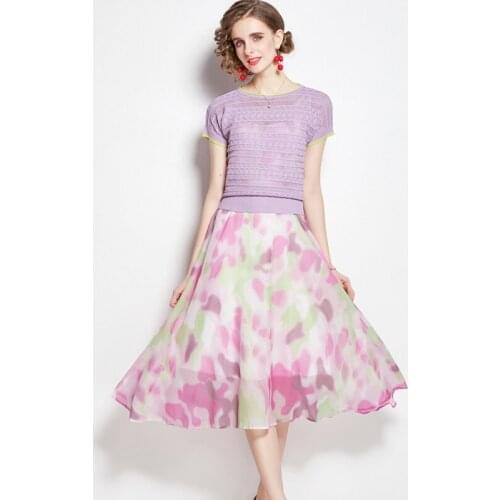 2021 Summer 2 Piece Set Runway design Women Purple knitting Short Sleeve T-Shirt Tops + Sweet Sling Chiffon Midi Dress Outfit