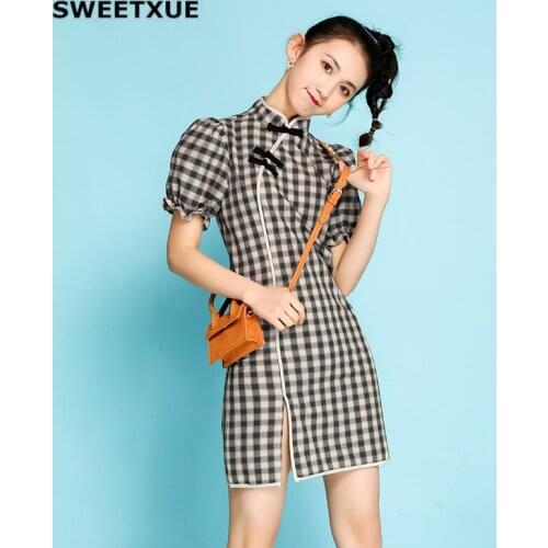 SWEETXUE Womens 2020 Dress Plaid Cheongsam Girl Improved High Waist Dress Chinese Style Temperament Bubble Sleeve Dress Female