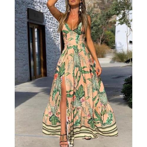 Women Spaghetti Strap Deep V High Waist Print Slit Chiffon Maxi Dress