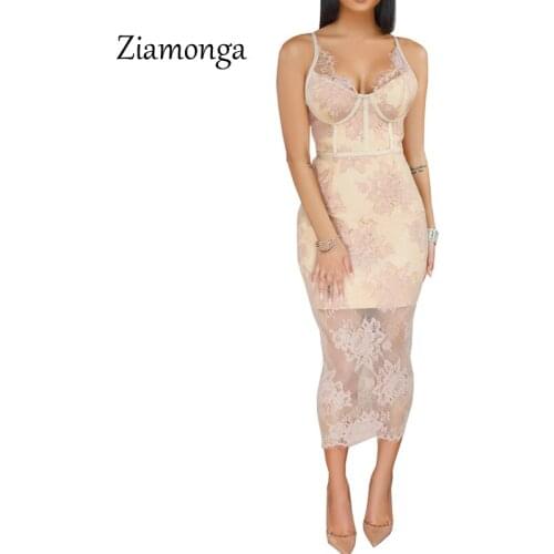 Ziamonga Black Khaki Lace Embroidery Bandage Party Dress Sweet Floral Mesh Gown 2019 New Strap Fashion Party Sexy Maxi Dresses