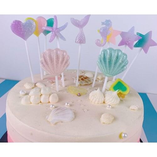 6pcs Mermaid Tail Starfish Shell Cake Topper For Kids Birthday Party Cupcake Decoration Wedding Baby Shower Cake Favors Supplie