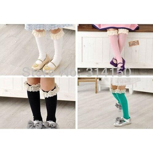 FREE SHIPPING----2Pairs Children Socks Baby Girls Winter Cotton Socks Kid Lace Bowknot Middle Tube Princess Socks Candy Color