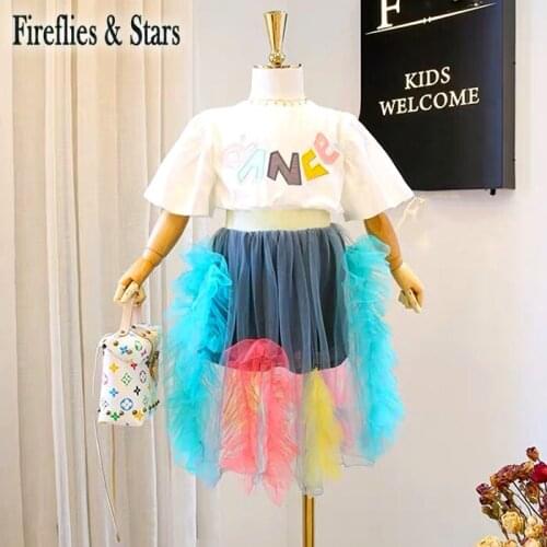 Summer girls 2 pcs set baby blouse + tutu skirt kids suit children streetwear embroidery letter floral mesh patch 3 to 8 yrs