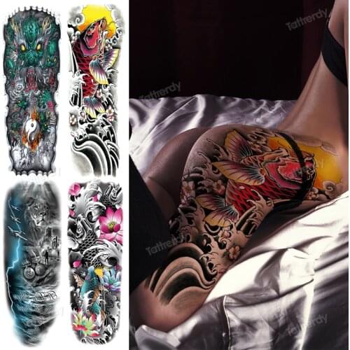 Large waterproof temporary tatoos for women girls fake tatoo woman body art sexy big size fish carp lotus dragon waterdecal