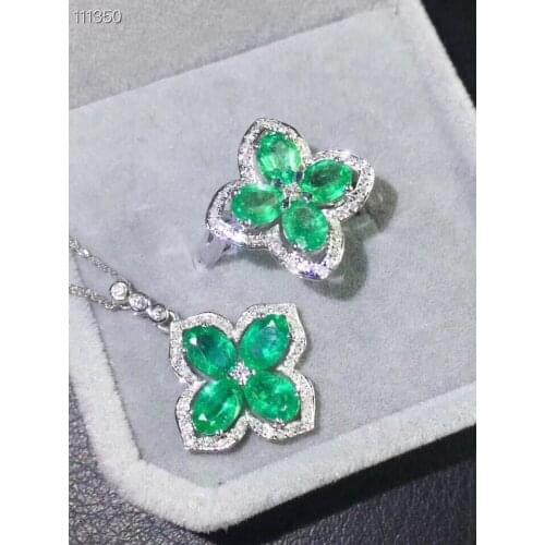 Flower Natural Emerald jewelry set Natural Real Emerald 925 sterling silver 1pc pendant,1pc ring