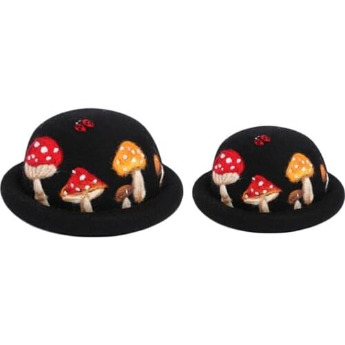 Parent-Child Winter Autumn Faux Wool Felt Jazz Hat Cute Cartoon Mushroom Ladybird Embroidery Vintage Prom Bucket Cap
