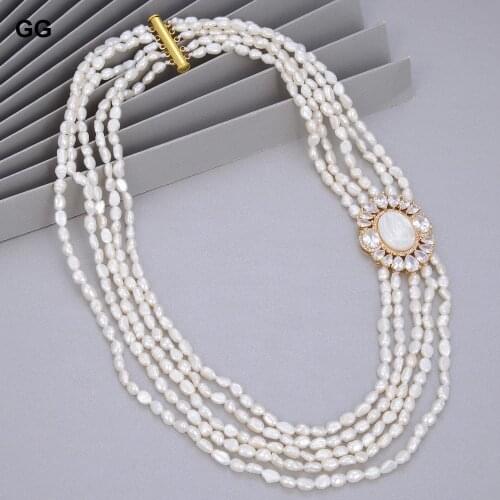 GuaiGuai Jewelry 5 Rows Natural Freshwater Cultured White Baroque Pearl CZ Shell Christ Jesus Connector Necklace For Women