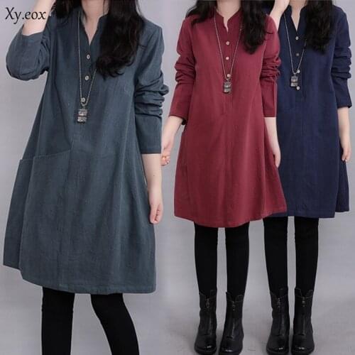 Cotton Linen Womens Long Sleeve Dress Ladies Solid Casual Loose Party Dress New
