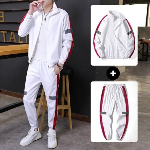 New Men Fashion Tracksuit Spring Autumn Reflective Sweatshirt +Sweatpants Tracksuit Set Men New Patchwork Slim Fit Sweat Suits