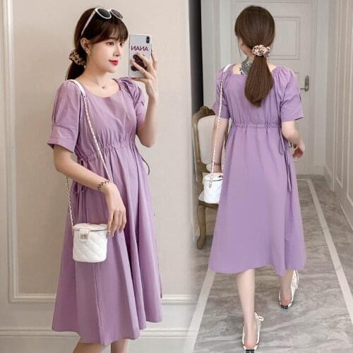 Sweet Summer Korean Fashion Maternity Dress Drawstring Slim High Waist Loose Clothes for Pregnant Women Vintage Pregnancy
