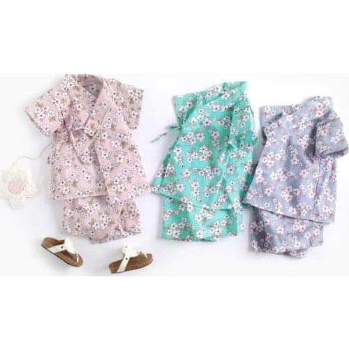 Cute Japan Kimono Baby Flower Tracksuit Floral Shorts+tops Bathrobe Kids Boy Girls Cotton Clothing Set Child Infant Clothes Fall