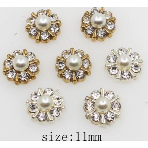 Mini Fashion 11mm round alloy pearl rhinestone button golden silver crystal brooch invitation wedding Bridal bouquets decorate