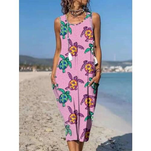 2021 New Seaside Beach Swimming Pool Turtle Pattern Printed Pocket Vest Dress Womens Dress