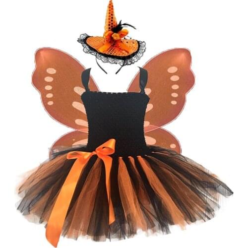 Orange Black Girl Halloween Tutu Dress with Wings And Hat Little Girls Pumpkin Thanksgiving Scary Costume Kids Festival Outfits