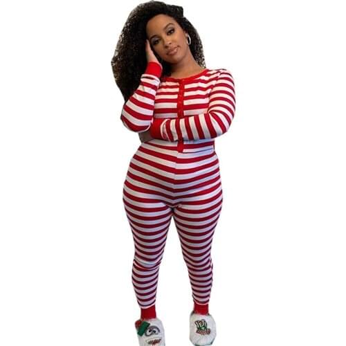Autumn Winter Woman Striped Bodycon Romper Jumpsuits Christmas Home Pajamas One-Piece Women Xmas Nightwear Jumpsuit Sleepwear