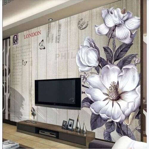 Custom wallpaper American retro wood grain white flower background wall decoration - high-grade waterproof material