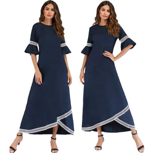 Ramadan Women Short Sleeve Long Maxi Dress Muslim Party Abaya Islamic Kaftan Cocktail Gown Summer Robe Lace Patchwork Clothing